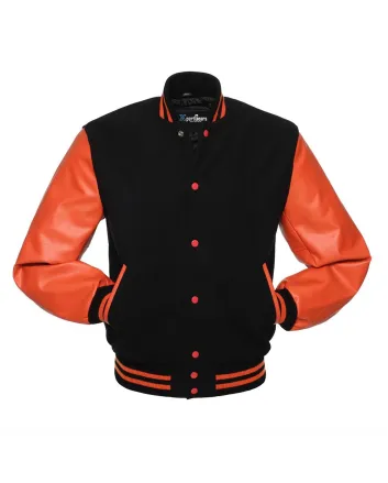 Black Wool American Varsity Jacket with Orange Vinyl Sleeves 