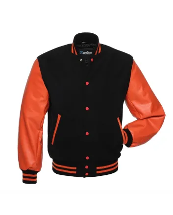 Black Wool American Varsity Jacket with Orange Vinyl Sleeves 