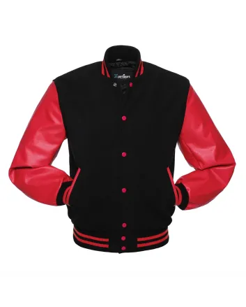Black Wool American Varsity Jacket with Red Vinyl Sleeves