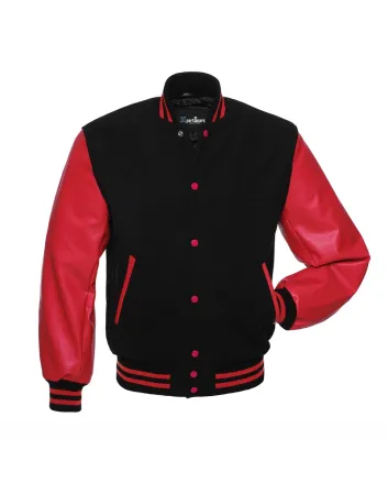Black Wool American Varsity Jacket with Red Vinyl Sleeves