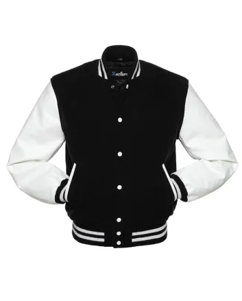 Black Wool American Varsity Jacket with White Vinyl Sleeves
