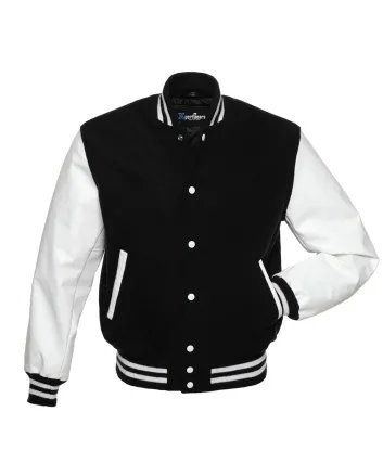 Black Wool American Varsity Jacket with White Vinyl Sleeves