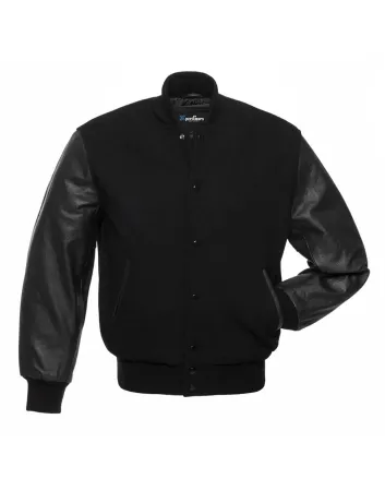 Black Wool and Black Cowhide Leather American Varsity Jacket 
