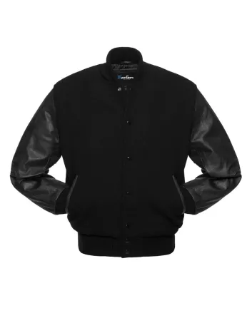 Black Wool and Black Cowhide Leather American Varsity Jacket 