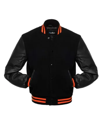 Black Wool Body American Varsity Jacket with Black Leather Sleeves
