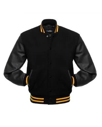 Black Wool Body American Varsity Jacket with Black Leather Sleeves - Front View