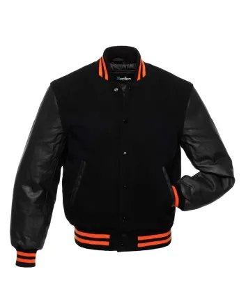 Black Wool Body American Varsity Jacket with Black Leather Sleeves