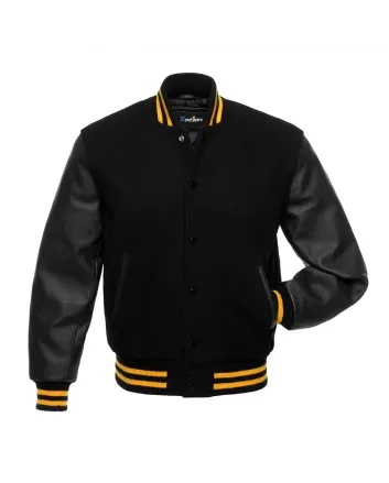 Black Wool Body American Varsity Jacket with Black Leather Sleeves - Front View