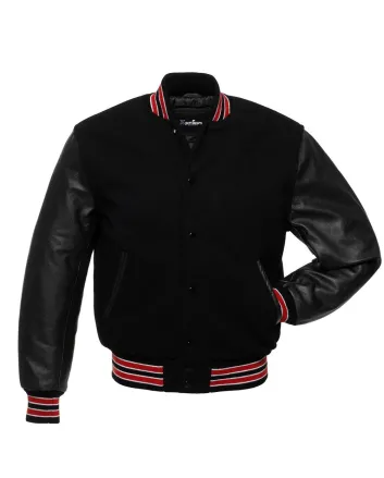Black Wool Body American Varsity Jacket with Black Leather Sleeves