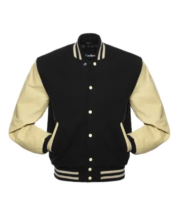 Black Wool Body American Varsity Jacket with Cream Leather Sleeves