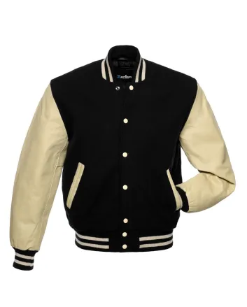 Black Wool Body American Varsity Jacket with Cream Leather Sleeves