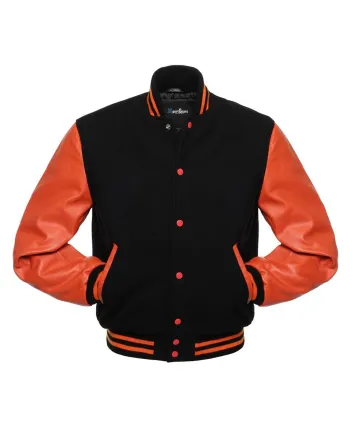 Black Wool Body American Varsity Jacket with Orange Leather Sleeves