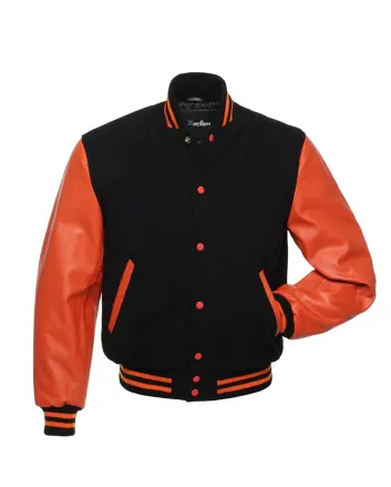 Black Wool Body American Varsity Jacket with Orange Leather Sleeves