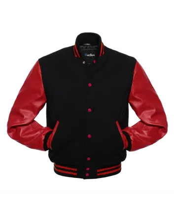 Black Wool Body American Varsity Jacket with Red Leather Sleeves