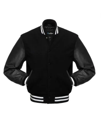 Black Wool Body American Varsity Jacket with White Leather Sleeves