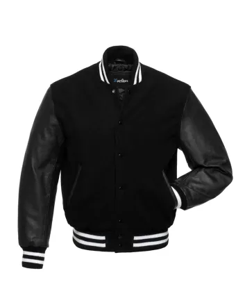 Black Wool Body American Varsity Jacket with White Leather Sleeves
