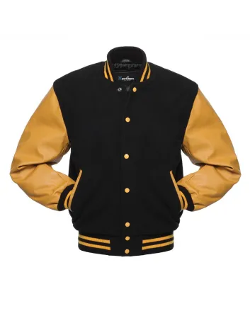 Black Wool and Gold Cowhide Leather American Varsity Jacket - Front View
