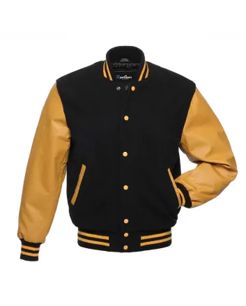 Black Wool and Gold Cowhide Leather American Varsity Jacket - Front View