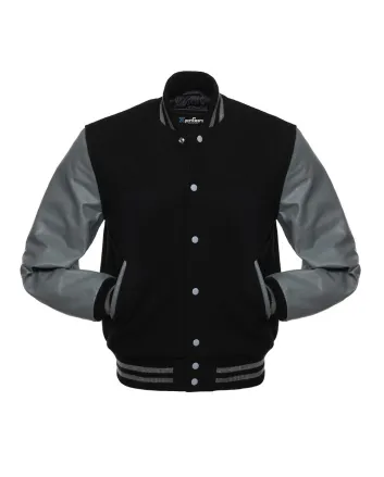 Black Wool and Grey Cowhide Leather American Varsity Jacket