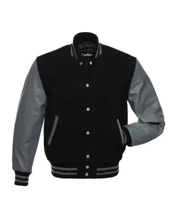 Black Wool and Grey Cowhide Leather American Varsity Jacket