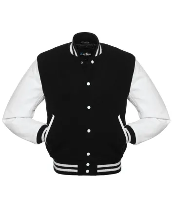 Black Wool and White Cowhide Leather American Varsity Jacket