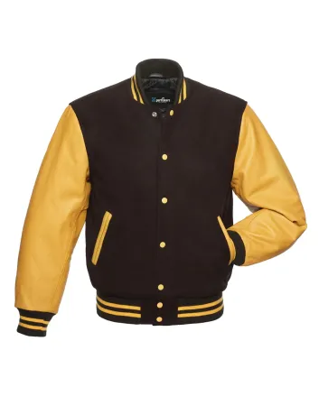 Brown Wool Body American Varsity Jacket with Gold Leather Sleeves
