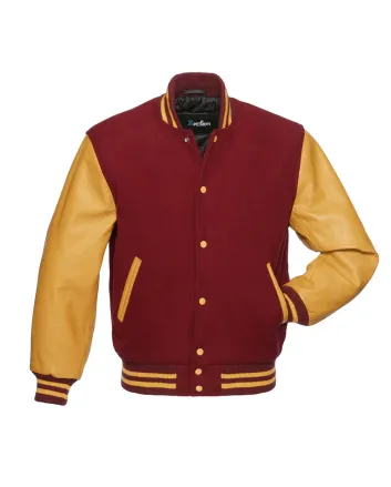 Cardinal Wool Body American Varsity Jacket with Gold Leather Sleeves