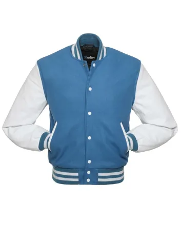 Columbia Blue Wool Body American Varsity Jacket with White Leather Sleeves