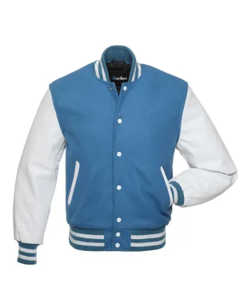 Columbia Blue Wool Body American Varsity Jacket with White Leather Sleeves