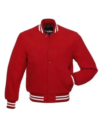 Crimson Classic Wool Varsity Jacket: Front view displaying the vibrant crimson wool and contrasting stripes on cuffs and hem, featuring an embroidered logo on the chest.