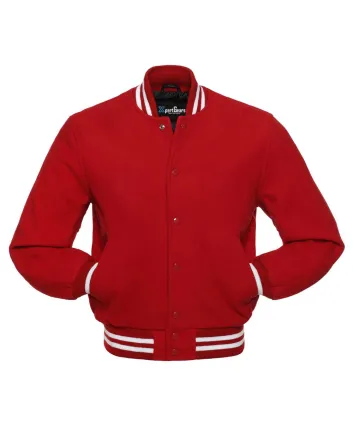 Crimson Classic Wool Varsity Jacket: Front view displaying the vibrant crimson wool and contrasting stripes on cuffs and hem, featuring an embroidered logo on the chest.