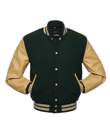 Forest Green Wool Body American Varsity Jacket with Tan Leather Sleeves - Front View