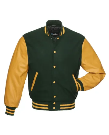 Forest Green Wool and Gold Cowhide Leather American Varsity Jacket 