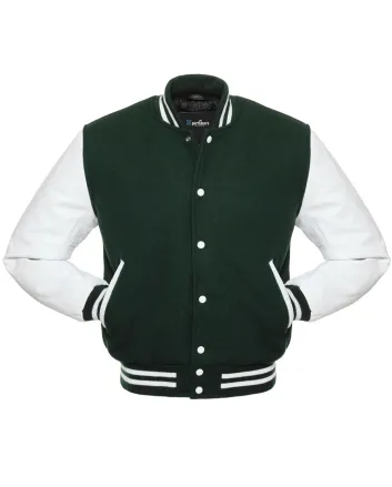 Forest Green Wool and White Cowhide Leather American Varsity Jacket