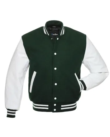 Forest Green Wool and White Cowhide Leather American Varsity Jacket