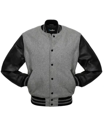 Grey Wool Body American Varsity Jacket with Black Leather Sleeves