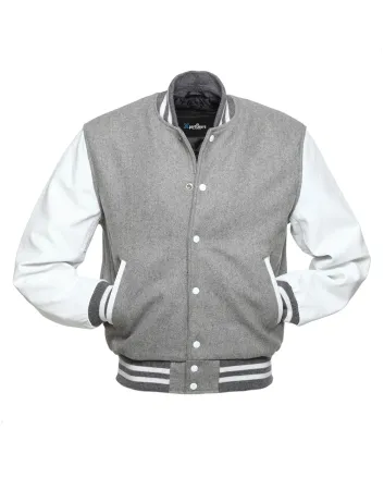 Grey Wool Body American Varsity Jacket with White Leather Sleeves