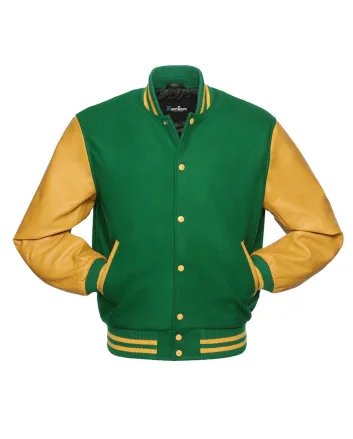 Kelly Green Wool and Gold Cowhide Leather American Varsity Jacket 