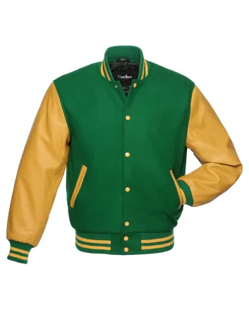 Kelly Green Wool and Gold Cowhide Leather American Varsity Jacket 