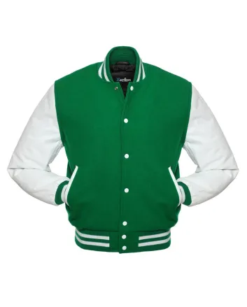 Kelly Green Wool and white Cowhide Leather American Varsity Jacket 