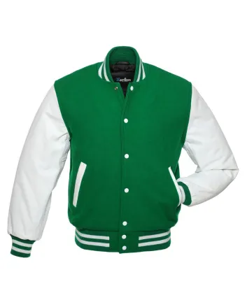 Kelly Green Wool and white Cowhide Leather American Varsity Jacket 