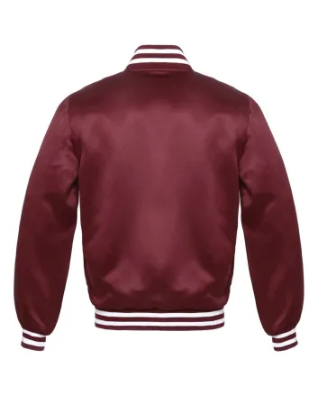 Maroon Striped Satin Bomber Jacket: Front view showcasing the elegant maroon satin fabric with contrasting stripes on cuffs and hem, featuring a stylish bomber design.