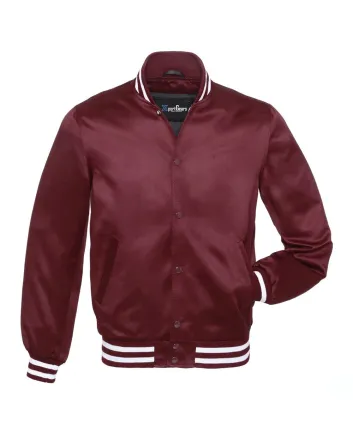 Maroon Striped Satin Bomber Jacket: Front view showcasing the elegant maroon satin fabric with contrasting stripes on cuffs and hem, featuring a stylish bomber design.