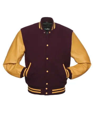 Maroon Wool Body American Varsity Jacket with Gold Leather Sleeves