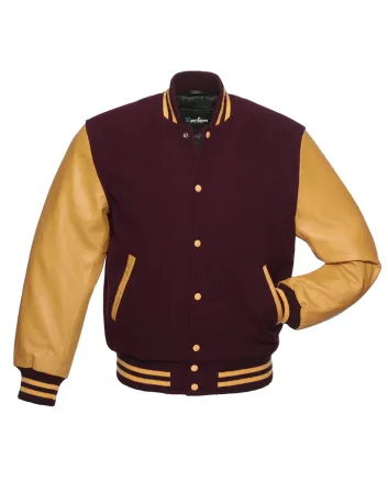 Maroon Wool Body American Varsity Jacket with Gold Leather Sleeves