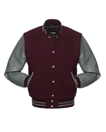 Maroon Wool Body American Varsity Jacket with Grey Leather Sleeves