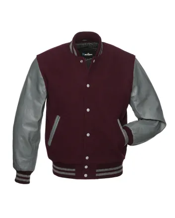 Maroon Wool Body American Varsity Jacket with Grey Leather Sleeves