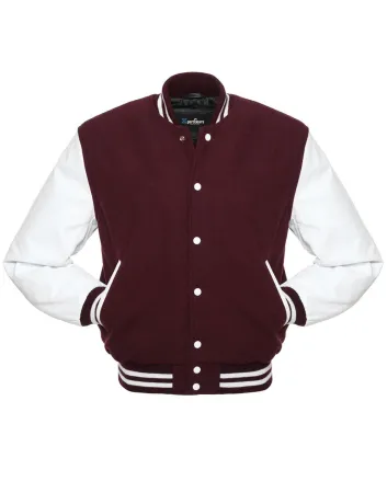 Maroon Wool Body American Varsity Jacket with White Leather Sleeves