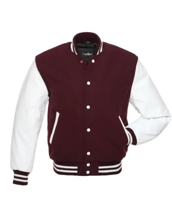 Maroon Wool Body American Varsity Jacket with White Leather Sleeves