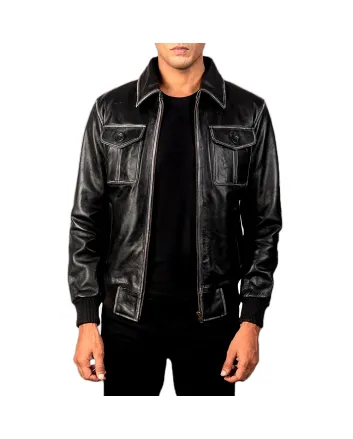 mens-onyx-black-leather-bomber-front-zipped-view
